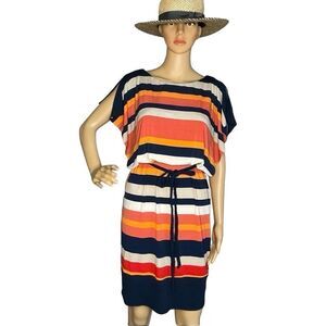 Sangria Sash Belted Navy Blue Orange Cream Striped Loose Fitting Mini Dress sz 4